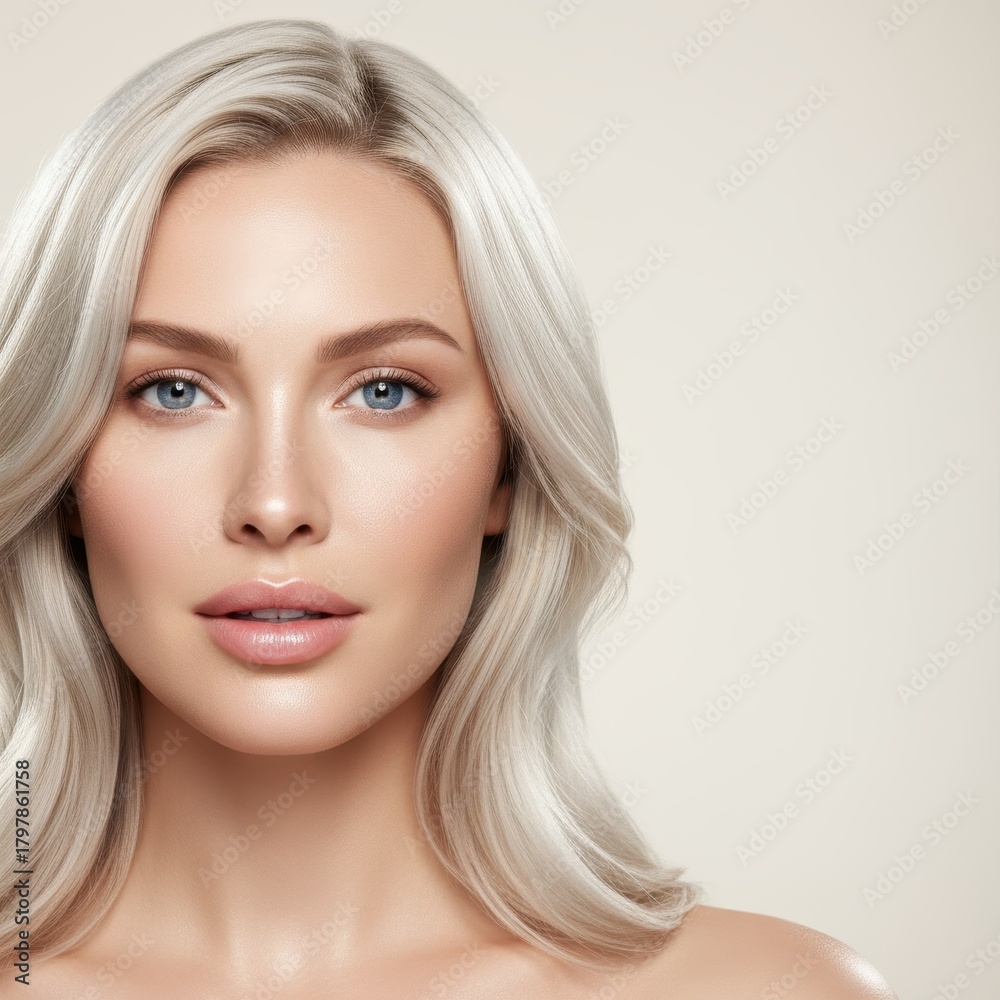 Fototapeta premium Stunning blonde with icy silver hair and perfect skin showcasing youthful beauty and modern style, ideal for beauty, fashion and lifestyle brands