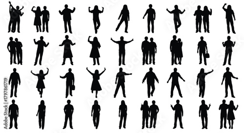 Collection of diverse human silhouettes in various poses against a white background