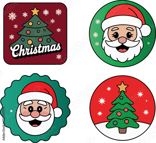 Colorful Christmas Icon Collection Featuring Santa Faces and Decorative Christmas Trees