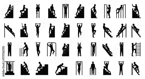 Silhouettes of people climbing stairs and various physical activities are displayed
