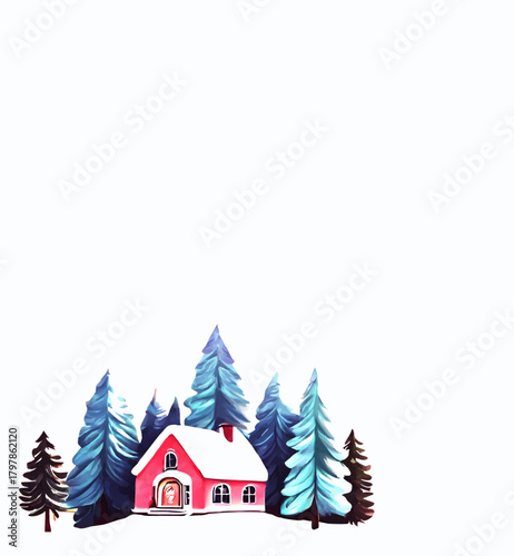winter cottage and forest, decoration ornament with white area for insertion