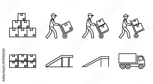 Delivery service icons showing packages workers stairs and a delivery truck