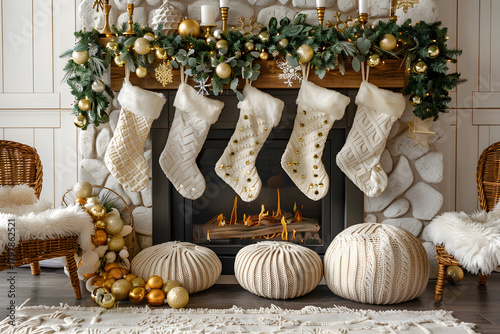 Close-up  of a holiday-decorated fireplace with stockings and garlands, christmas decoration on a wooden background, christmas stocking hanging on the wall, christmas stocking