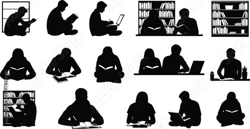 study, reading, silhouette, education, learning, student, desk, laptop, bookshelf, writing, posture, book, academic, indoor, vector
