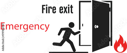 An emergency fire exit sign with a pictogram of a person running towards an open door, with a flame icon and text.