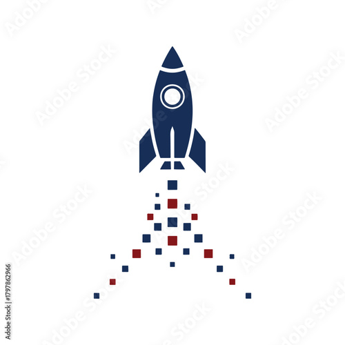 Dark blue rocket launching with red and blue pixelated exhaust on white background space spaceship