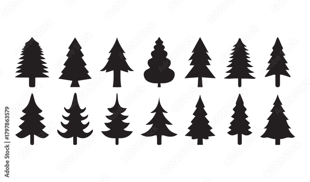 Obraz premium various christmas tree silhouette. Pine Tree icon Set. Fifteen Black Conifer Shapes for Nature Icons, Outdoor Branding, and Seasonal Design