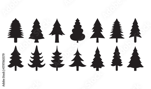 various christmas tree silhouette. Pine Tree icon Set. Fifteen Black Conifer Shapes for Nature Icons, Outdoor Branding, and Seasonal Design