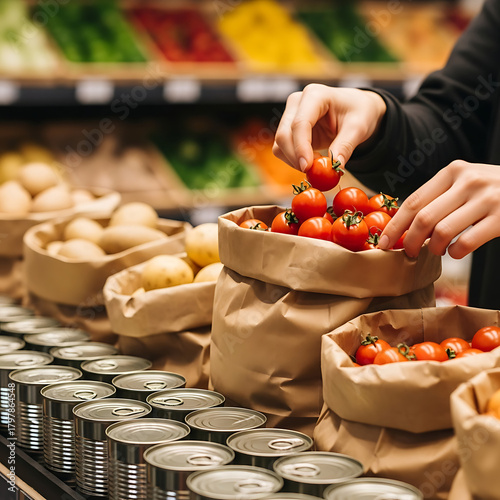 Hands selecting fresh red tomatoes from a paper bag in a grocery store produce section