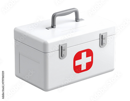 3D Isometric First Aid Kit with Handle and Latch, Transparent Background