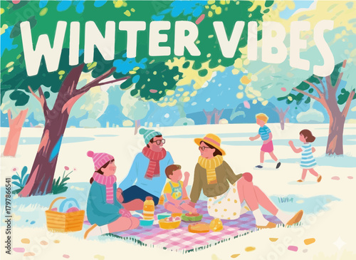 An enchanting vector illustration depicting a joyous "WINTER VIBES" outdoor picnic scene. A multi-generational family or group of friends is seen enjoying a delightful gathering on a brightly colored 