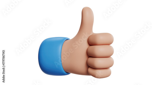 Stylish 3D thumbs-up hand icon with blue cuff, perfect for showing approval, liking, or positive feedback. background removed