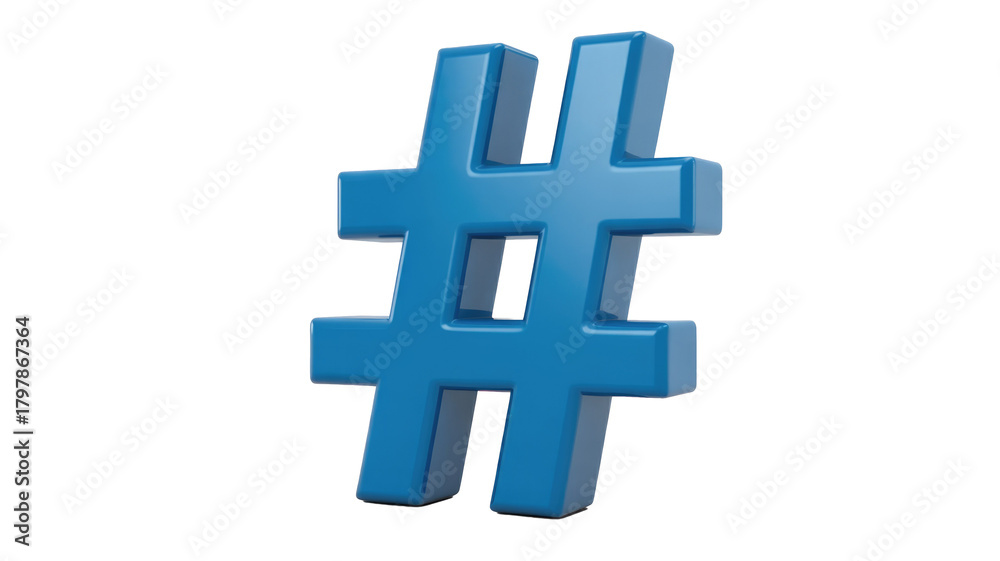 Obraz premium A striking blue, glossy 3D hashtag symbol, representing social media, programming, and digital trends, isolated against a simple background. background removed