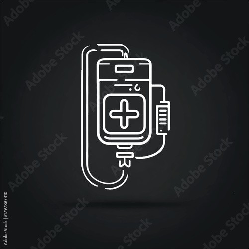 Medical IV Drip Illustration Showing Healthcare Equipment and Blood Transfusion in a Minimalist Style on a Dark Background for Healthcare Concepts