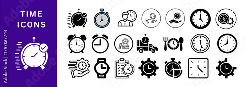 Time Icons Set: Alarm, Hourglass, Stopwatch, Wall Clock, Calendar, Wristwatch, Countdown, Sand Timer, Digital, Analog, Schedule, Deadline, Chronometer, Pocket Watch, Timer