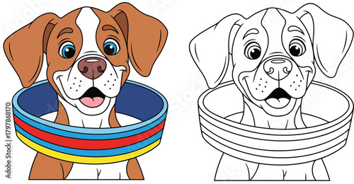 Cute Cartoon Dog with Colorful Collar Isolated Vector Illustration for Coloring Book