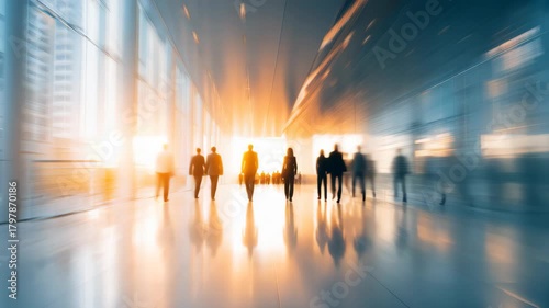 Business professionals navigate a modern hall during peak hours of the day amidst an abstract atmosphere of motion and light