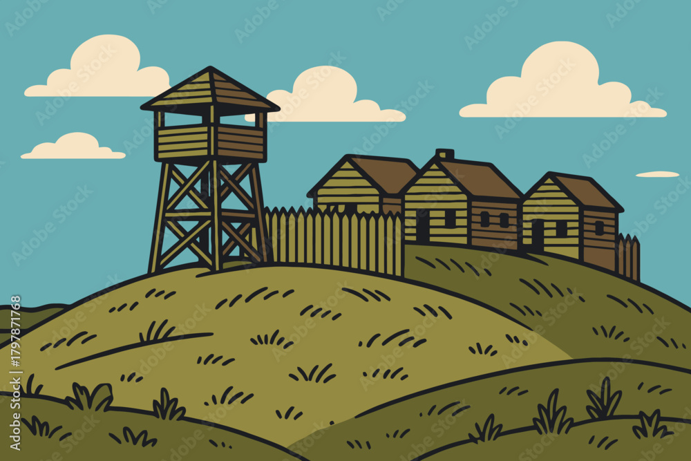 Ταπετσαρία Historic wooden fort with watchtower and cabins on a grassy hill under a blue sk