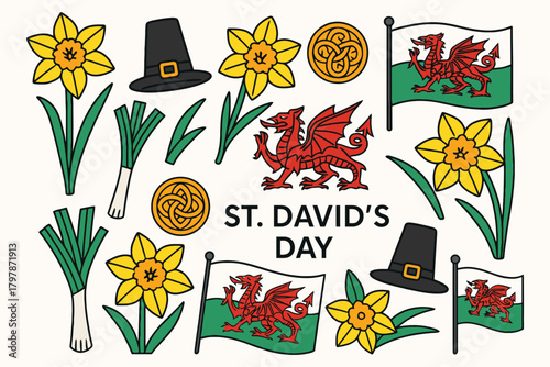 St davids day celebration symbols daffodils leeks welsh dragon flags and hats