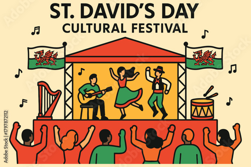 St davids day cultural festival celebration with music dancing and welsh flags