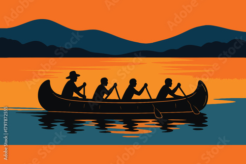 Silhouettes of people paddling a canoe on a calm lake at sunset with mountains in the background