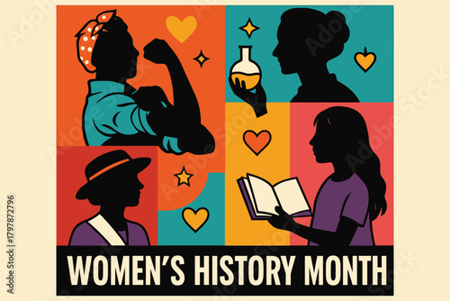 Empowering women s history month celebration with diverse female silhouettes and symbols of strength and knowledge
