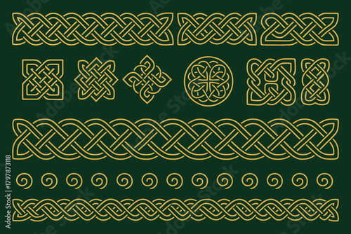Collection of intricate gold celtic knot patterns and borders on a dark green background