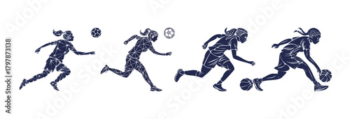 Four dark blue geometric female athletes playing soccer and basketball running kicking