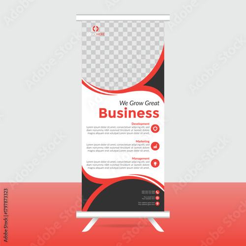 Modern business roll up banner stand with red and black accents