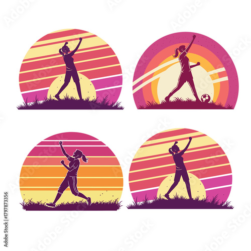 Four female athletes celebrating victory at sunset with retro stripes woman sport