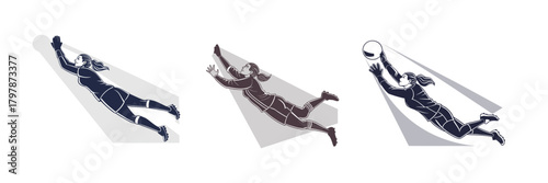 Three female soccer goalkeepers diving to save a ball football goalie