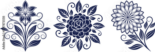 Three dark blue floral designs with intricate petals and leaves on white background decorative