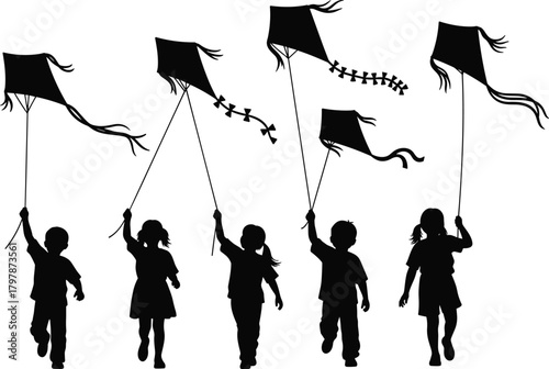 Children flying kites in outdoor park, playful kids silhouette, summer activity, happy childhood moment, flat vector illustration, black graphic art