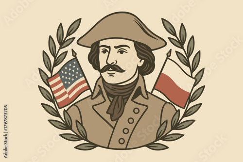 Tadeusz ko ciuszko portrait with american and polish flags and laurel wreath