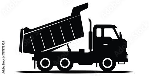 Black silhouette of a dump truck with its container raised for unloading materials