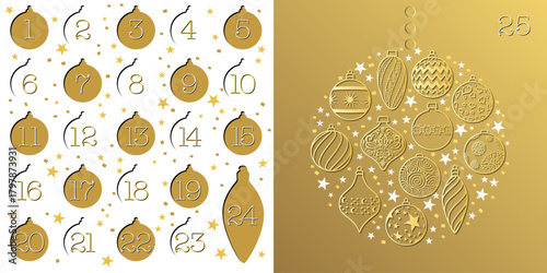 Calendrier de l’avant couleurs or et blanc, décoré de boules de Noël.