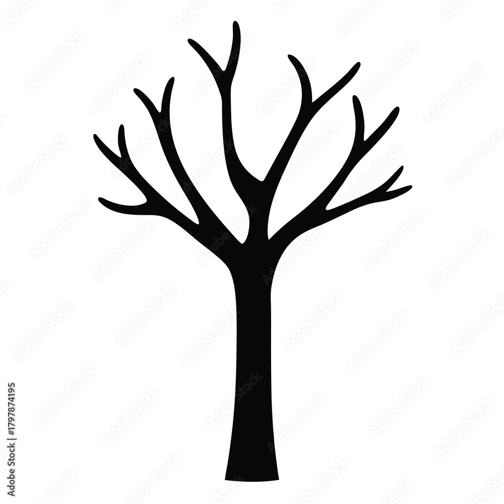 Obraz premium Silhouette of a bare tree with branches reaching to the sky on white