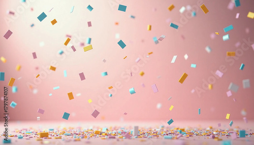 Colorful confetti falling against pink backdrop, festive celebration, party decoration

