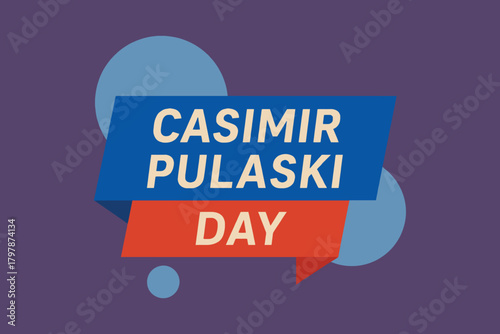 Casimir pulaski day celebration with bold text and abstract shapes on purple background
