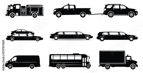 Collection of various vehicle silhouettes including a fire truck and limousines design