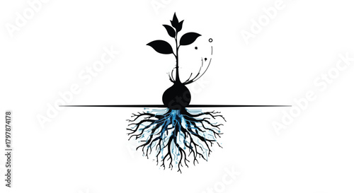 A plant sprouts from a bulb with intricate roots spreading below the surface, symbolizing growth and life.