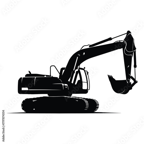 Silhouette of a powerful excavator ready for construction work on a white background