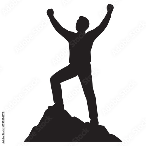 Triumphant Man Standing on Mountain Peak Silhouette 