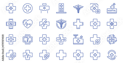 Collection of medical cross icons representing healthcare and emergency services