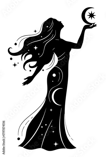 goddess holding moon and stars silhouette vector illustration