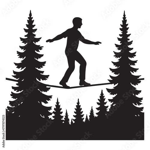 Slacklining Silhouette in Forest Landscape