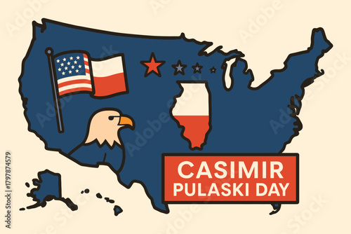 United states map with polish american symbols celebrating casimir pulaski day