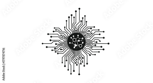 Abstract digital network graphic with central molecular structure, symbolizing science and technology.