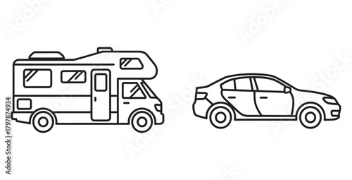Outlined recreational vehicle and sedan car showcasing automotive design and travel concept