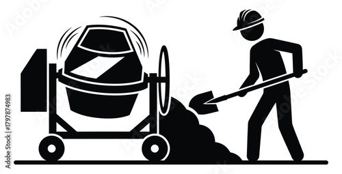 Construction worker shoveling material into a cement mixer on a construction site icon